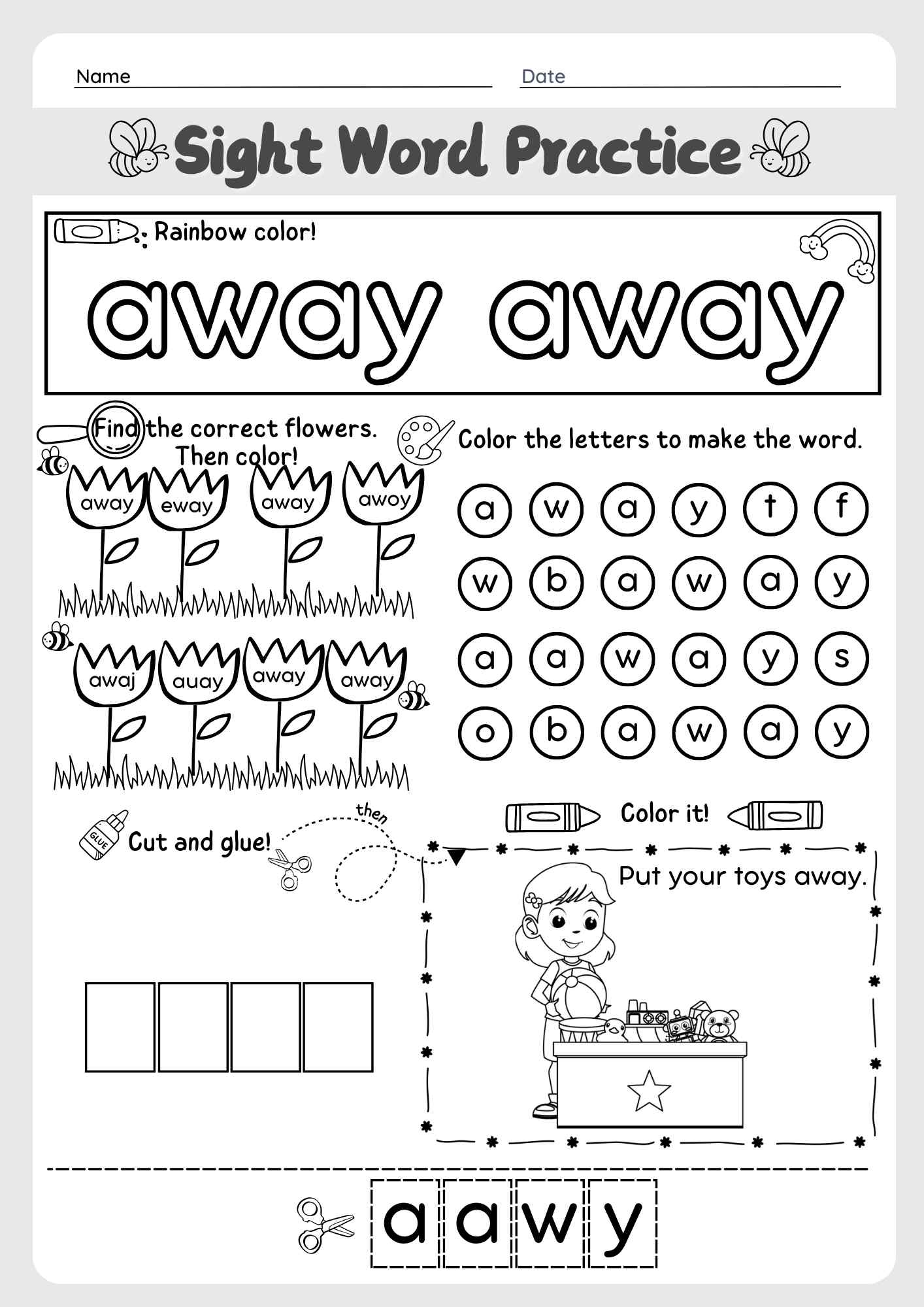 The Word "Away" Sight Word Cut and Paste Worksheet for Early Learners Pre K